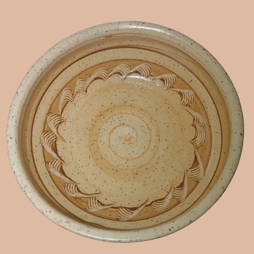 Pottery Bowl Batter Speckled Buff Beige Clay Golden Brown Waves Stoneware